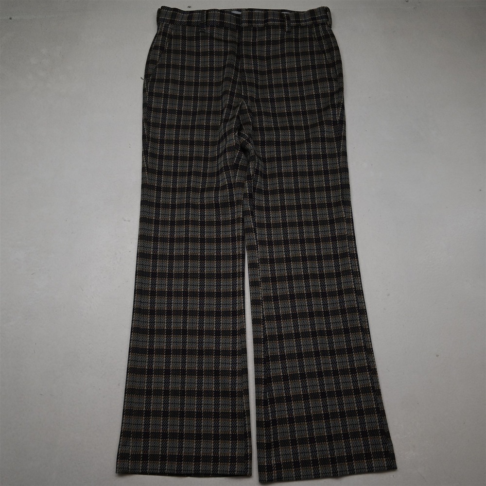 Vtg 70s 80s 32x30 Blue Gray Plaid Bell‎ Bottom Bootcut Flared Dress Mens Pants